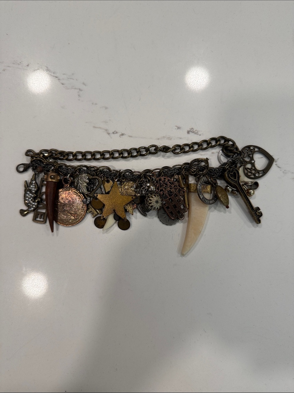 Vintage-Inspired Multi Charm Bracelet in Antique Bronze and Cream